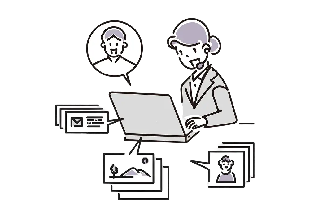 商品を販売する営業部、直営部、通信販売部のイラスト